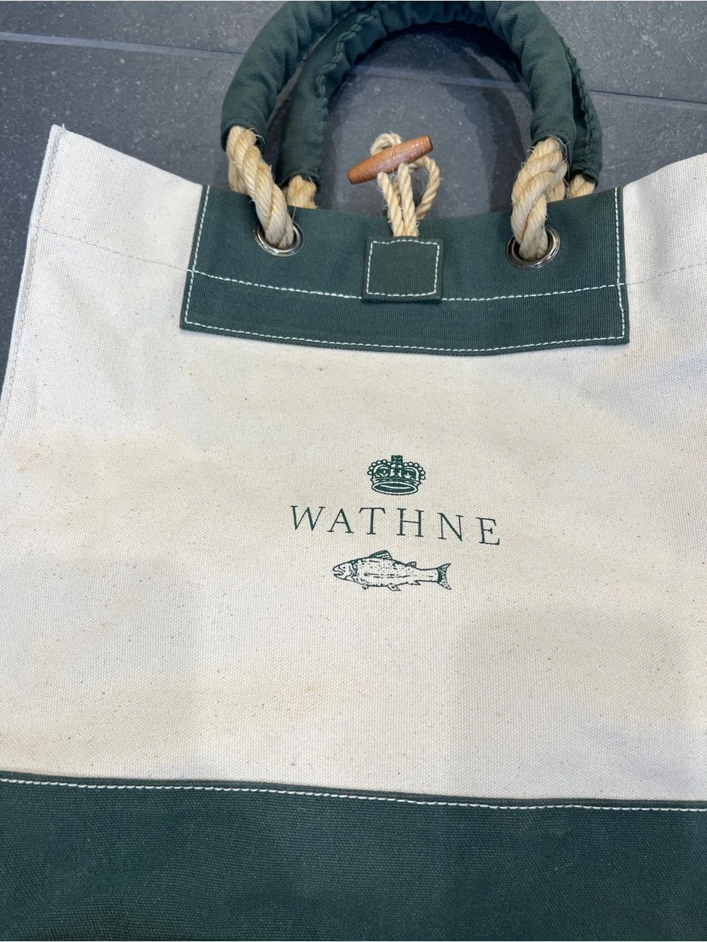 Wathne Cream and Dark Green Canvas Tote with Rope Handles